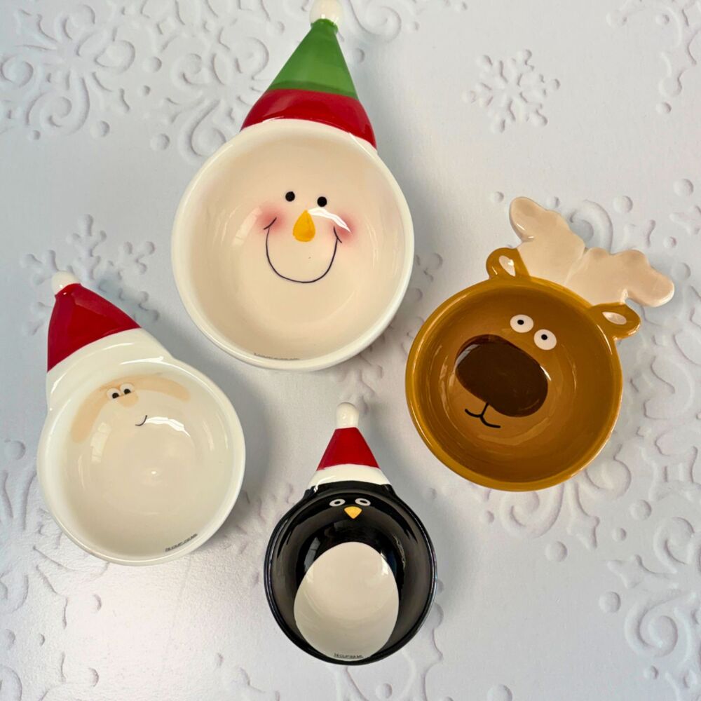 Avon Christmas Ceramic Nesting Measuring Cups Set Santa Reindeer Penguin Snowman